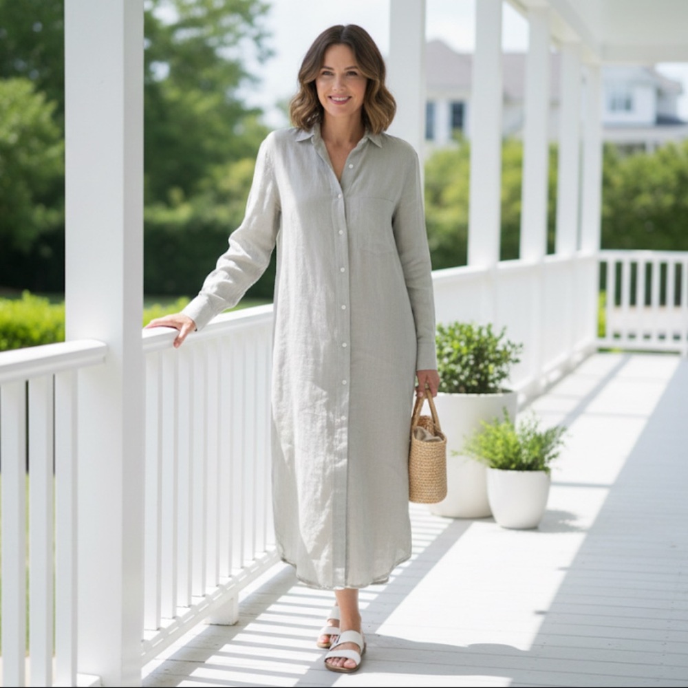 Emily Phillips Girlfriend Button Down Midi Shirt Dress Green Linen Nashville USA